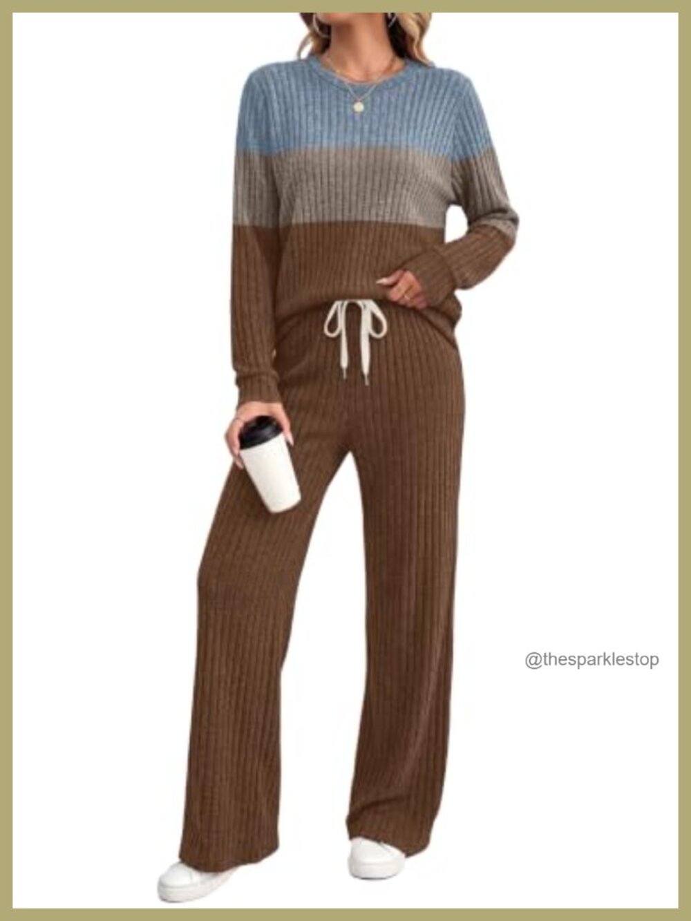 Ribbed Knit Two Piece Lounge Set Long Sleeve Crewneck Top Pants